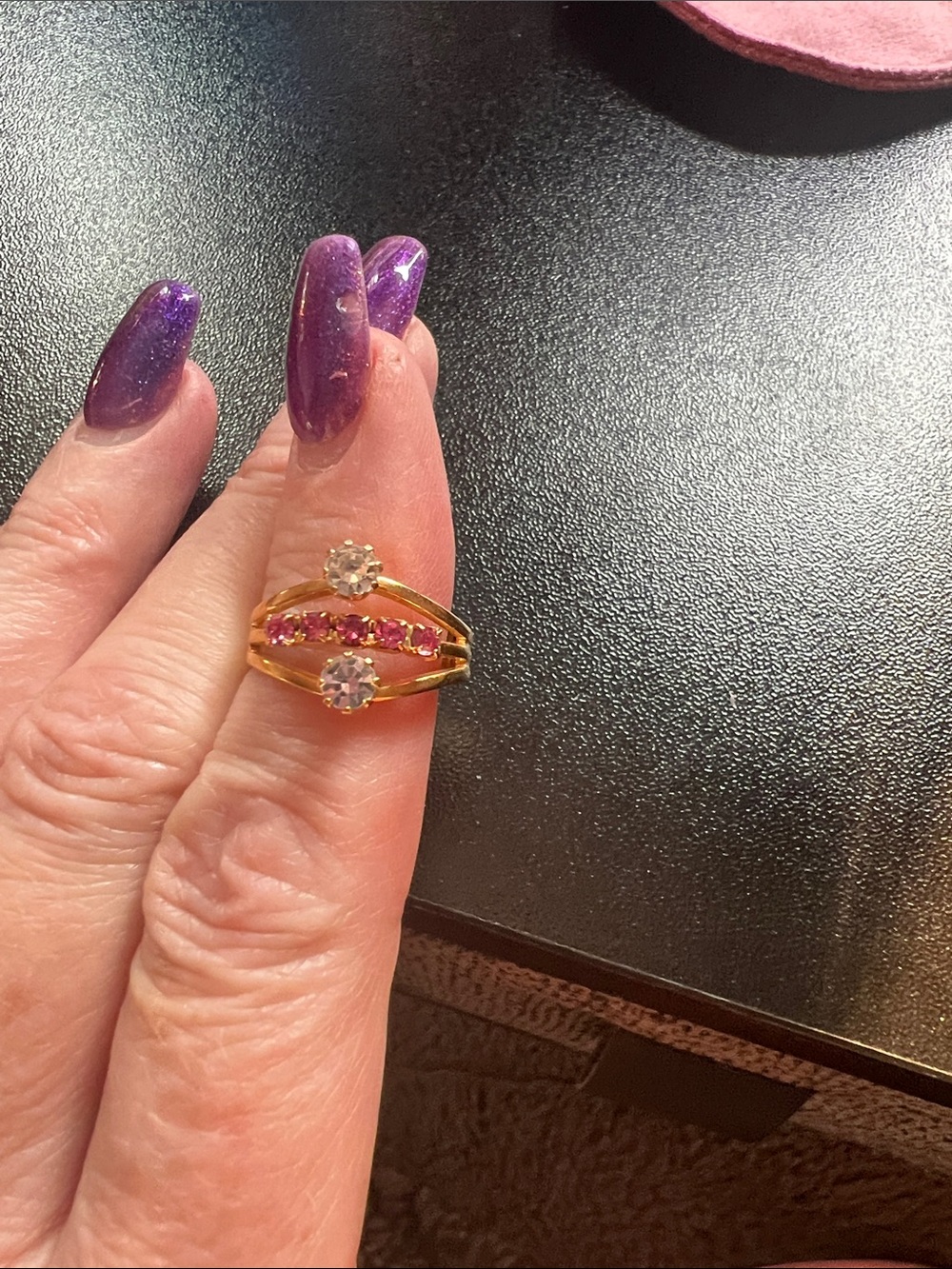 Gold Tone Ring with Pink and Clear Stones